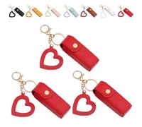 4 Pack Lip Oil Keychain - Mirror & Oil 2-In-1, PU Leather Potable Lip Gloss Holder, Mini Lipstick Case with Keychain & Heart Pendant, Chapsticks Holder, for Car/Travel Storage (3Pcs,Red)