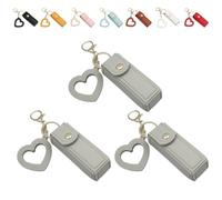 4 Pack Lip Oil Keychain - Mirror & Oil 2-In-1, PU Leather Potable Lip Gloss Holder, Mini Lipstick Case with Keychain & Heart Pendant, Chapsticks Holder, for Car/Travel Storage (3Pcs,Grey)