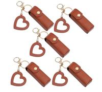 4 Pack Lip Oil Keychain - Mirror & Oil 2-In-1, PU Leather Potable Lip Gloss Holder, Mini Lipstick Case with Keychain & Heart Pendant, Chapsticks Holder, for Car/Travel Storage (5Pcs,Brown)