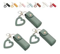 4 Pack Lip Oil Keychain - Mirror & Oil 2-In-1, PU Leather Potable Lip Gloss Holder, Mini Lipstick Case with Keychain & Heart Pendant, Chapsticks Holder, for Car/Travel Storage (3Pcs,Green)