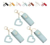 4 Pack Lip Oil Keychain - Mirror & Oil 2-In-1, PU Leather Potable Lip Gloss Holder, Mini Lipstick Case with Keychain & Heart Pendant, Chapsticks Holder, for Car/Travel Storage (3Pcs,Blue)