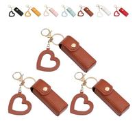 4 Pack Lip Oil Keychain - Mirror & Oil 2-In-1, PU Leather Potable Lip Gloss Holder, Mini Lipstick Case with Keychain & Heart Pendant, Chapsticks Holder, for Car/Travel Storage (3Pcs,Brown)