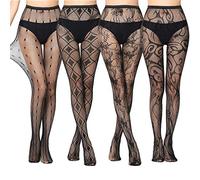 4 Pack Mujer Pantimedias Semi Medias Negras Dibujos Florales Rayas Corazones Costura Pantimedias Semi Opacas Rejillas negro