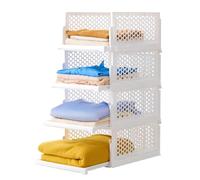4 Pack Organizador Armario Plegables y Apilables, Cajas de Almacenaje Extensibles para Ropa, Camisetas y Pantalones, Cajones de Plastico para Separadores Closet, 27L, Blanco Marfil