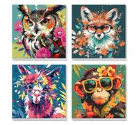 4 Pack Pintar por Numeros Niños Adultos con Marco, Búho, zorro, llama y mono fantásticos, DIY Cuadros para Pintar por Números, Animales con flores, Pintura Acrilica Cuadro Artesanías de Arte, 20x20cm