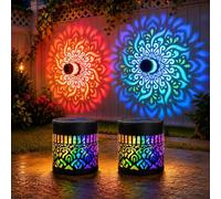 4 Pack Solar Mandala Lights Outdoor, 7 Color Changing Solar Powered Mandala Projection Wall Lights, Waterproof Metal Solar Fence Lights for Garden Patio Deck Pathway Backyard Yard Decor(2pcs)