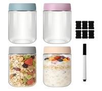 4 Pack Tarros de Avena Nocturna, 500 ml Tarros de Vidrio Reutilizables, Tarros de Cristal con Tapa, Tarros Herméticos, para Frigorífico, Despensa, Ideales para Overnight Oats, Yogur, Jugo, Mermeladas