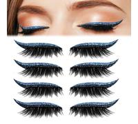 4 Pair Lazy Eye Shadow Eyelash Patch, 2-in-1 Reusable Eye Makeup Stickers with False Lashes & Shadow, Natural Waterproof Eyeshadow Eyelashes Makeup Stickers (Blue)