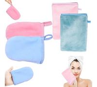 4 paños de rizo reutilizables, de algodón, fuerte absorción de agua, guantes desmaquillante, guantes faciales suaves, 2 tamaños, (azul, rosa) (MIX-1)