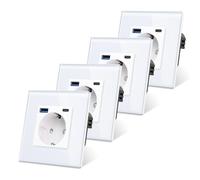 4 paquete CNBINGO Enchufe puertos USB (Tipo-C y Tipo-A 3.1 Amp total) - Enchufe de pared de contacto de protección de diseño simple con marco de vidrio - Toma USB de empotrar en blanco