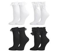 4 pares de calcetines de encaje al tobillo para mujer, diseño de lazo Lolita con volantes, de algodón, estilo princesa, para niñas (negro, blanco), Negro, One Size Plus