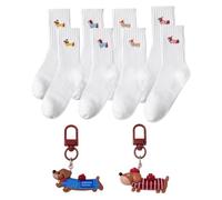 4 Pares De Calcetines Estampado Perro Salchicha con 2 Coles, Divertidos Y Cómodos Calcetines hasta La Pantorrilla, Calcetines Deportivos De Suave Algodón, Cole Decorativo con Llave De Mochila.
