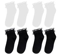 4 Pares De Calcetines Superiores, Calcetines De Algodón Transpirables Y Cómodos, Calcetines Dulces Y Simples, Atuendos, Accesorios, Accesorios Para Niñas (Blanco, Negro).