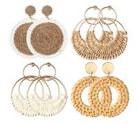 4 pares de pendientes bohemios para mujer, hechos a mano, redondos, colgantes de ratán, de ratán, ligeros, tejidos de paja, joyas bohemias, lindas y divertidas, anillo, Anneau métallique creux 2,32 x
