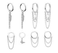 4 pares de pendientes de aro para mujer, gota de borla, estrella y mariposa, plata y acero inoxidable
