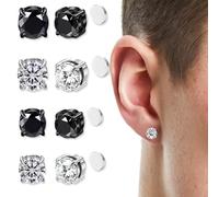 4 Pares Inoxidable Pendientes Iman Hombres Mujer Pendientes Magnéticos Sin Agujero Perforacion Diamante Circonita Falso Pendientes Clip Non Piercing 6/8