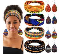 4 Pares Pendientes Africanos Colgantes de Piel Sintética Aretes Forma de Hoja Gota de Lágrima 4 Diademas Bohemias de Cabeza Banda Elástica Ancha Anudada de Pelo de Yoga con Estampado Boho para Mujer