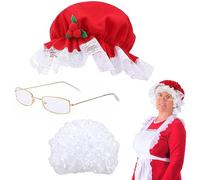 4 PC/set La Sra. El vestuario de la Sra. Claus incluye peluca blanca, sombrero de Navidad rojo, gafas, tragnet de un solo talla de vestuario para adultos cosplay navideño, MRS CLAUS Mujeres para adul