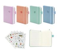 4 Pcs Cuadernos de Bolsillo A7 Bloc de Notas Imitación Piel con 6 Pegatinas Tapa cuero, 4 Colores Pastel, Con Páginas Gorditas Mini Libretas Bonitas para Notas Diario de Viaje Agenda To do List