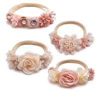 4 Pcs Diademas para Bebés Recién Nacidos, Diadema de Flores Bebe Niña Elásticas de Nailon Suave 0-3 Años, Cinta Turbante Pelo con Flor Encaje Perla