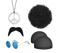 4 PCS Hippie Accessories Set, 2 PCS Hairnets, 70s, 80s, Gafas de Sol, Afro, Barba Falsa, Collar de Signo de Paz, Disfraces para Disco, Cosplay, Retro Rock.