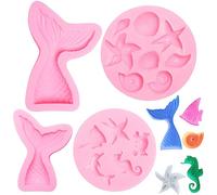4 Pcs Marina Animales Moldes Silicona, Moldes De Cola Sirena, Molde Conchas Del Mar, Herramienta Para Hornear Dulces, Moldes De Pastel De Silicona Fondant 3D Para Tartas, Bombones, Helados, Gelatina