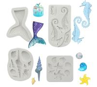 4 Pcs Marina Animales Moldes Silicona, Moldes De Cola Sirena, Mould Conchas del Mar, Herramienta Para Hornear Dulces, Moldes De Pastel De Silicona Fondant 3D Para Tartas, Bombones, Gelatina, Helados