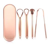 4 Pcs Raspador de Lengua, Tongue Scraper, Limpiador de Lengua Metálico, Limpiador Lenguas, Raspadores Lingua para Adultos Mujeres Hombres, Cuidado Bucal y Aaliento Fresco(con Estuche) (Oro rosa)