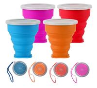 4 Pcs Vaso Plegable Silicona, Vasos Plegables de Viaje, Taza Plegable Viaje con Tapa, Copas Vaso Reutilizable Plegables Portatil, Tazas de Viajes Silicona para Picnic Senderismo Camping Caminatas