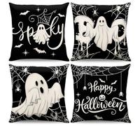 4 Pezzi Federa per Cuscino per Halloween 45 X 45 Cm,Federa per Cuscino Di Lino Di Halloween,Motivo Zucca, Fantasma, Gatto Nero, Pipistrello,Per Soggiorno, Divano, Giardino, Halloween Decorazioni (A)
