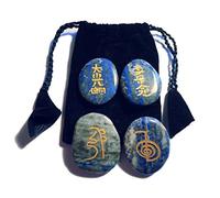 4 piedras de lapislázuli con símbolos de Usai Reiki en bolsa de terciopelo