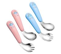 4 Pieza Cubiertos Bebe,Cubertería Infantil,Cuchara Autodidacta,Cubiertos Infantiles Acero Inoxidable,Anime a los niños a desarrollar su propia capacidad para comer