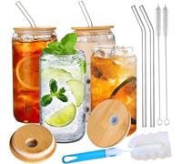 4 Piezas 500ml/17oz Vaso con Tapas Bambú, Pajita y Cepillo Limpieza, Copas Agua Reutilizable, Cristal Forma Lata para Cóctel, Bebidas, Batidos, Jugos, Cerveza, Soda, Café Helado, Té, Camping, Fiesta