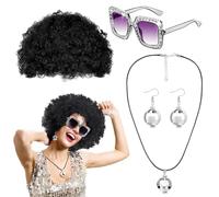 4 Piezas Accesorios De Disfraz Hippie,Peluca Funky Afro,Peluca Hippie Para Mujer,Moda Gafas De Sol,Collar,Pendientes,Para Carnaval Fiesta Disfraces Hippie Halloween Cosplay Años 70 60 (Plata)