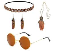 4 piezas accesorios de los 70s para mujer, accesorios hippie, juego de accesorios para la cabeza de los años 70, juego de fantasía de los años 60s 70s Fancy Dress Hippie Costume Women for Ladies Dress