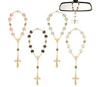 4 Piezas Adorno Colgante Cuentas de Rosario Católicas, Cross Colgante De Decoración De Espejo Retrovisor De Coche Rosario de Cruz de Coche para Espejo Retrovisor Rosarios de Bautismo Perlas Pulsera
