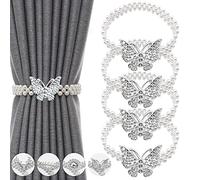 4 Piezas Alzapaños Cortinas, Abrazaderas Cortinas Mariposa con Strass, Sujeta Cortinas con Cordón Elástico de Perlas Ajustable, para Cortina Dormitorio, Cortinas de Exterior