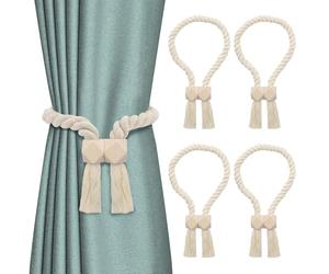 4 Piezas Alzapaños de Cortina Magnéticos, Sujeta Cortinas sin Taladro, diseño de imán potente, curtain tiebacks de cordón de algodón beige, para salón dormitorio oficina, estilo nórdico/boho