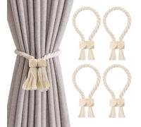 4 Piezas Alzapaños Magnéticos para Cortinas, Correas de Imán para Cortina Estilo Bohemio, Ejido a Mano Sujeta Hebillas Cortinas, Cuerda de Algodón para El Hogar, La Oficina, La Decoración (Beige)
