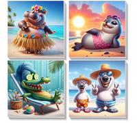 4 Piezas Animal Pintar por Numeros Adultos Niños con Marco, Cuadros para Pintar por Numeros Mar, Playa Lona sin Pliegues Pintura al Colorear por Numeros con Caballete, Decoración del Hogar 20x20cm