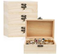 4 Piezas Caja de Madera Pequeña con Tapa, Bisagras y Cierre de Bloqueo, Cajas de Almacenamiento Recuerdos Mini de 15x10x5cm, Cofre del Tesoro Cuadrado Sin Acabar para Joyas y Artículos de Manualidades