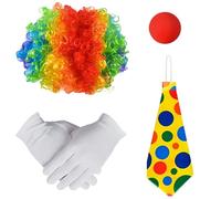 4 Piezas Conjunto de Disfraz Payaso Accesorios de Payaso Disfraz de Payaso Peluca Pelo Rizado Payaso Nariz de Payaso Guantes Corbatas para Halloween Cosplay Fiesta Carnaval para Hombres y Mujeres
