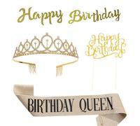 4 Piezas Corona De Cristal Birthday Queen Sash,Oro Corona Cumpleaños,Happy Birthday Decoracion,Corona De Cumpleaños,Cumpleaños Mujer Tiara Corona y Faja,Para Atraer Más Cumplidos