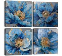 4 piezas Cuadros decorativos de amapolas en acuarela de blau blumen para el cuarto de baño. decoración abstracta de pared en azul y dorado florales modernos láminas en lienzo arte botánico 12 x 12”