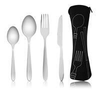 4 Piezas Cubiertos Acero inoxidable,Juego Cubiertos con Bolsa Portátil,Juego Utensilios Camping con Bolsa Neopreno,Pulidas con Espejo Cuchara,para exteriores, viajes,picnic