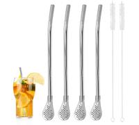 4 Piezas Cuchara de Filtro de Paja de Acero Inoxidable Extraíble, Cuchara de Paja de Metal Reutilizable con 2 Cepillos de Limpieza para Beber Té Suelto, Café Helado (Plata)