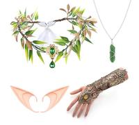 4 piezas de accesorios de disfraz de orejas de hada del bosque, corona de hada del bosque, diadema de corona de hada, guantes de encaje, collar vikingo, collar vikingo, disfraz de elfo renacentista