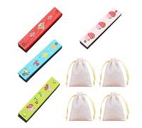 4 Piezas de Armónica para Niños y Adultos - Dibujos Animados de Madera, Doble Hilera de 16 Agujeros, 4 Bolsas de Almacenamiento (12 x 15 cm), Patrón Aleatorio