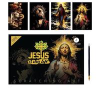 4 piezas de arte de papel para rascar, pintura de Jesús, 1 juego de manualidades creativas con bolígrafos de dibujo para mujeres y hombres, fiesta e inspiración religiosa, reduce el estrés y la