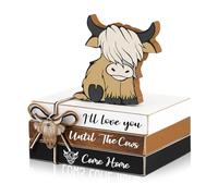 4 piezas de bandejas escalonadas de vaca de las tierras altas, mini pilas de libros de madera, decoración de mesa, libro de madera de vaca de las tierras altas, letrero de mesa de vaca rústica para el